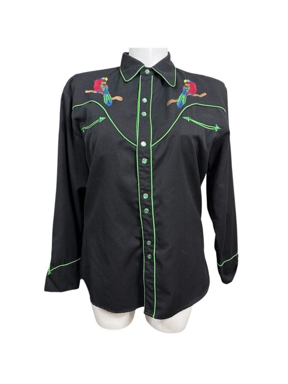 Vintage Scully Women’s Western Shirt Parrot Embroidery Black Green Medium